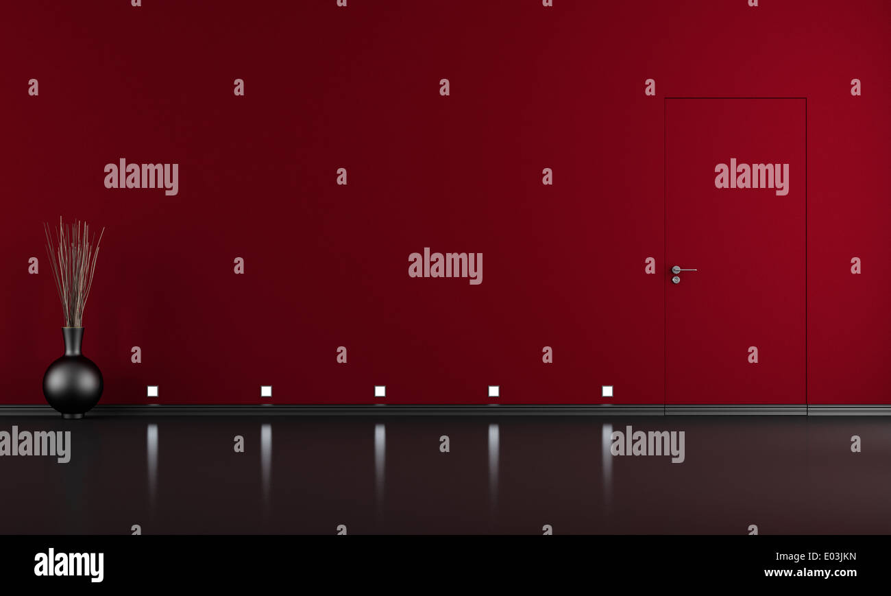 Tür bündig mit der Wand in einen leeren roten und schwarzen Raum - rendering Stockfoto