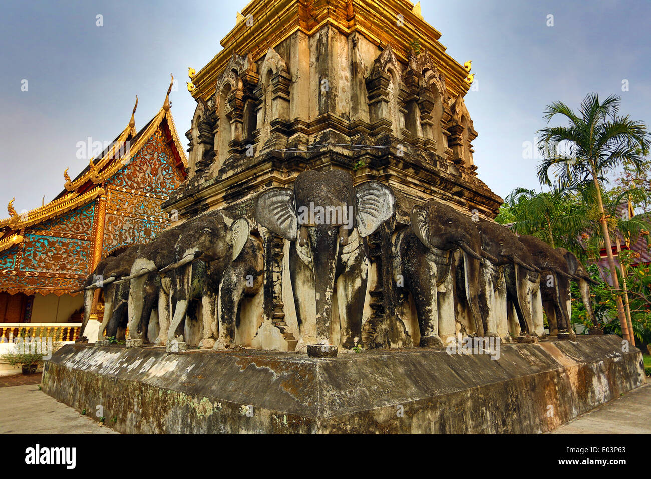 Goldene Turmspitze des Chedi dekoriert mit Elefanten in Wat Chiang Man Tempel in Chiang Mai, Thailand Stockfoto