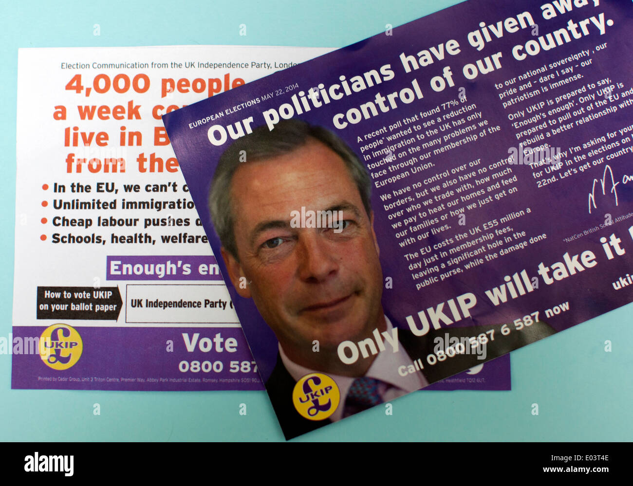 Logo auf UKIP Kampagnenmaterial für Mai 2014 Europawahl, London Stockfoto