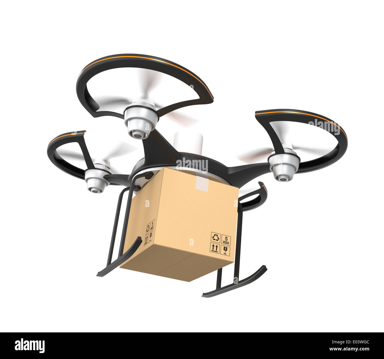Drohne mit Karton Paket fliegen in den Himmel. für schnelle Lieferung Service-Konzept. Stockfoto