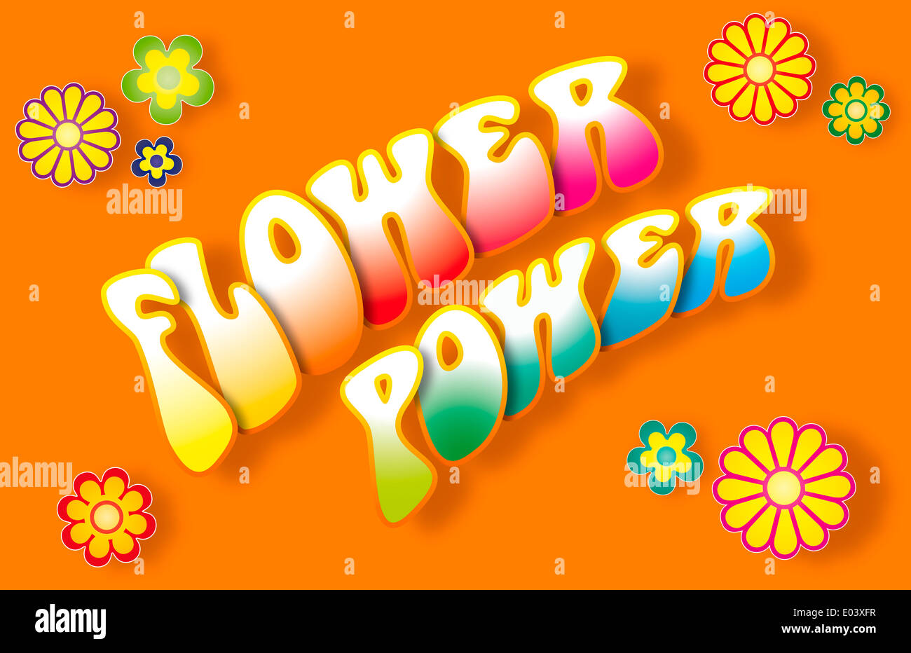FLOWER-POWER-Schriftzug mit floralen Symbolen auf orangem Hintergrund. Stockfoto