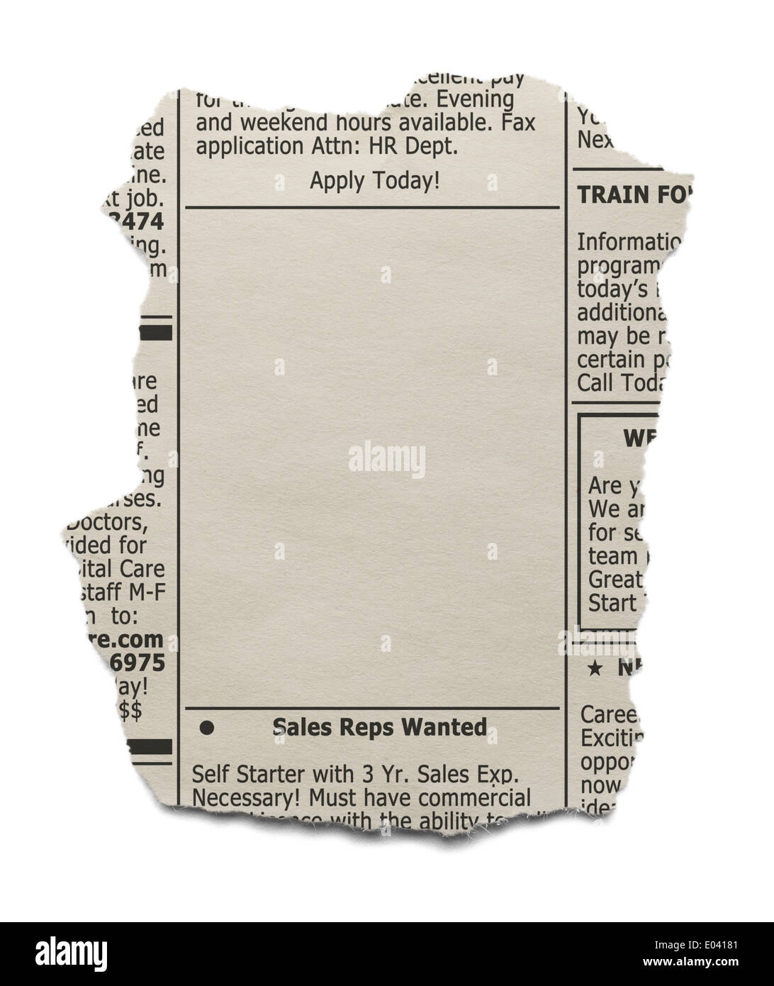 Zeitungsausschnitt von Stellenanzeigen mit textfreiraum isoliert auf weißem Hintergrund. Stockfoto