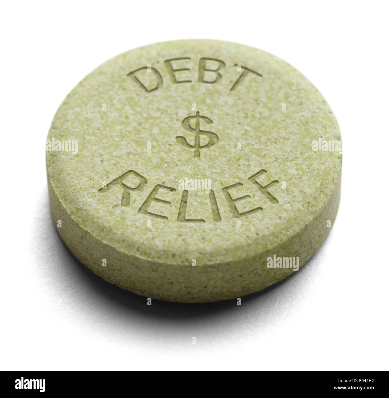 Grüne Relief Medizin für Schulden auf einem weißen Hintergrund isoliert. Stockfoto