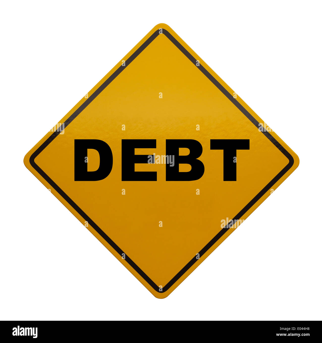 Gelbe Vorsicht Schild mit Schulden drauf isoliert auf weißem Hintergrund. Stockfoto