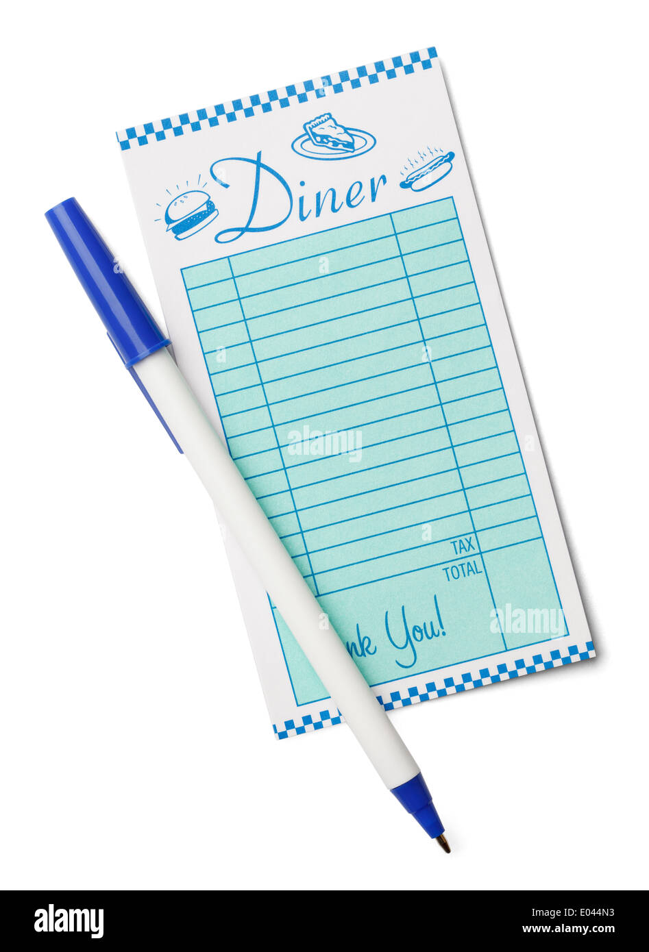 Restaurant-Quittung Rechnung und Stift isoliert auf einem weißen Hintergrund. Stockfoto