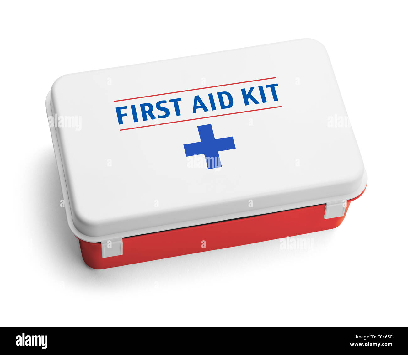 First Aid Kit Plastikbox, die rot, weiß und blau ist. Isolated on White Background. Stockfoto