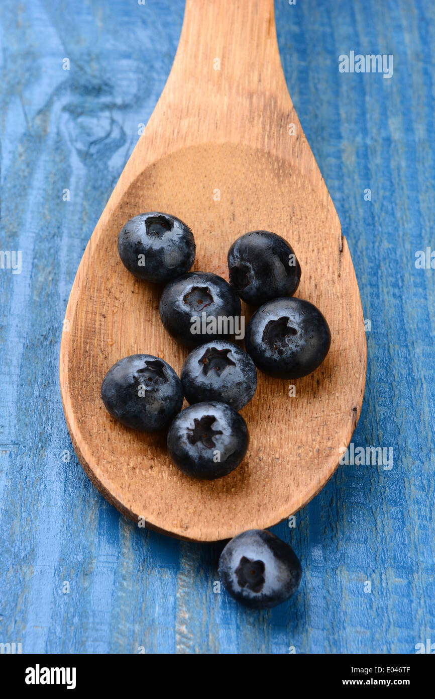 Nahaufnahme der frische Heidelbeeren auf einem Holzlöffel Verlegung auf einem rustikalen gemalten Bauernhaus Stil Küchentisch. Stockfoto