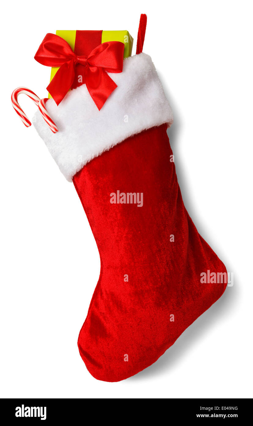 Weihnachts-Strumpf mit Geschenken, Isolated on White Background. Stockfoto