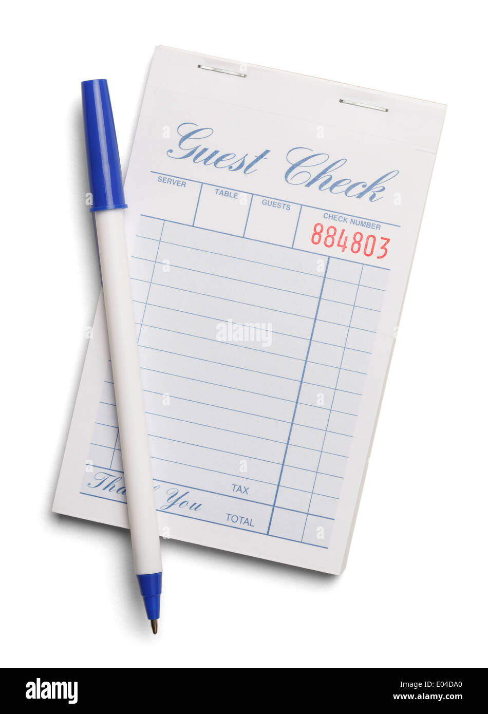 Leere Vermutung Check mit blauen Stift, Isolated on White Background. Stockfoto