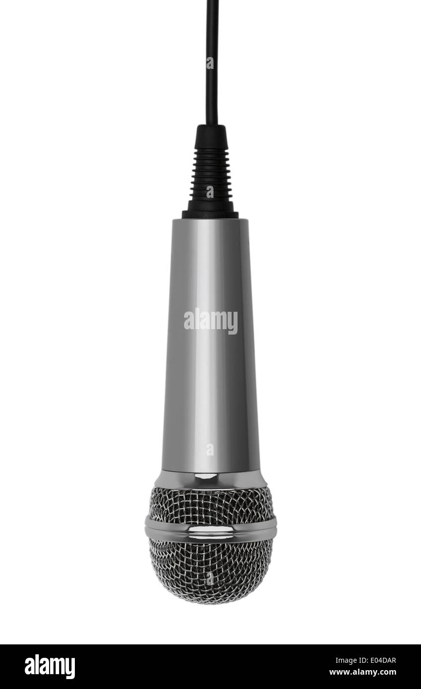 Silberne Mikrofon hängen von oben isoliert auf weißem Hintergrund. Stockfoto