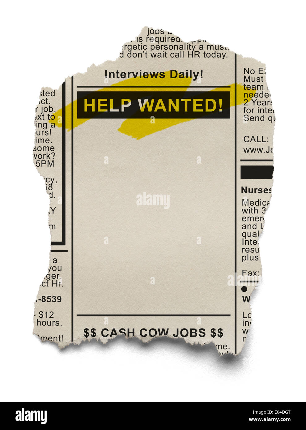 Suchanzeigen Sie für die Jobsuche auf zerrissene Zeitung, Isolated on White Background. Stockfoto