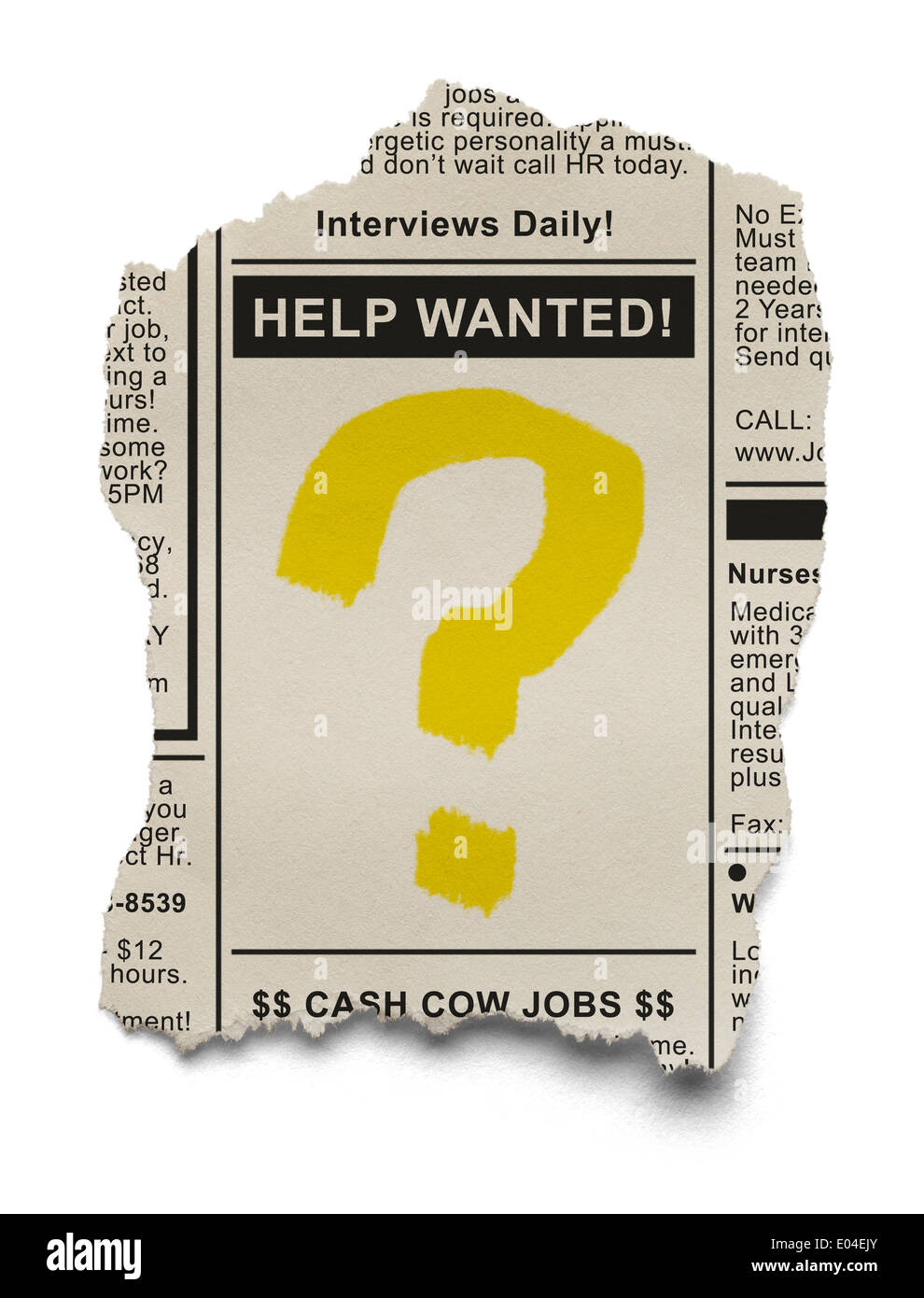 Helfen Sie wollte Jobsuche mit Fragezeichen auf zerrissene Zeitung Ad isoliert auf weißem Hintergrund. Stockfoto
