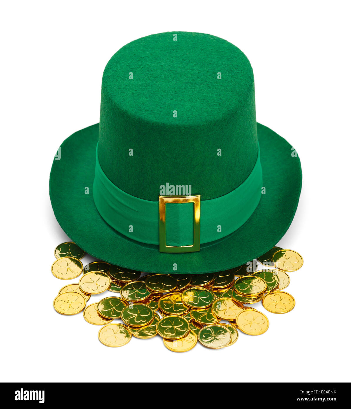 Grüne St. Patricks Day Filzhut Top mit goldener Schnalle und Goldmünzen, Isolated on White Background. Stockfoto