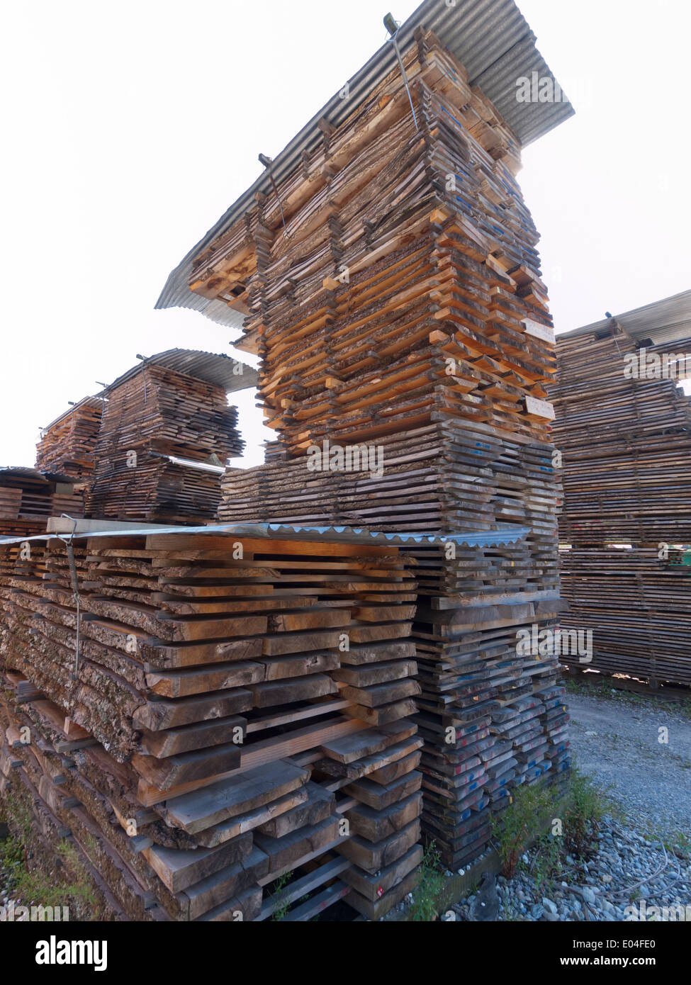 riesige Mengen von Holz / Holz gestapelt zur weiteren Verarbeitung in ein Holzlager im Emmental, Schweiz Stockfoto