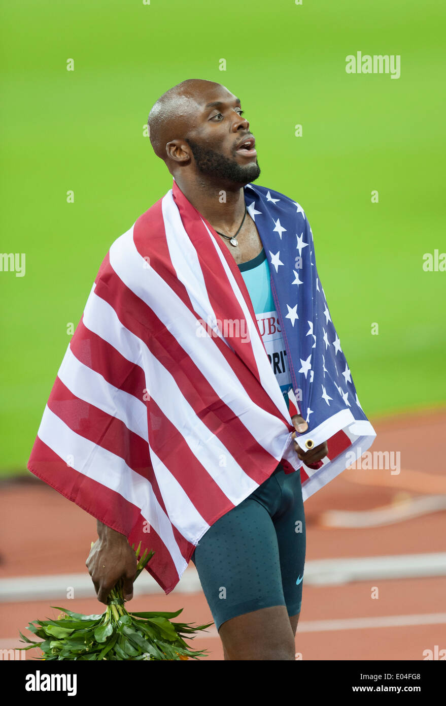 US-Athlet Lawshawn Merritt nach dem Sieg über Kirani James (GRN) bei 400m das Männerrennen der IAAF Diamond League "Weltklasse Zürich" Stockfoto