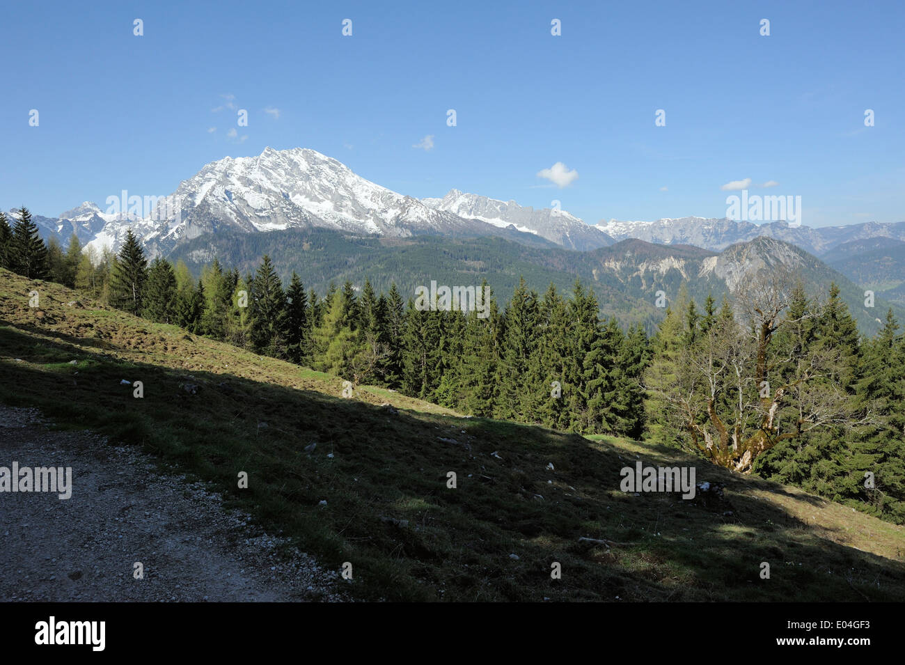 Wanderweg durch Berchtesgaden Naturschutzgebiet mit Blick auf Watzmann, Bayern, Deutschland Stockfoto