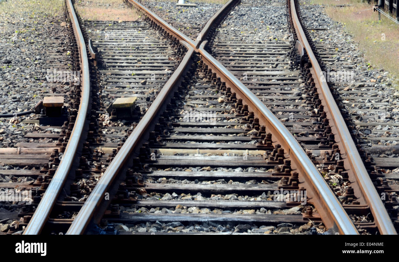 Bochum-Dahlhausen, Deutschland. 23. April 2014. Eisenbahn-Gleise und weichen sind das Eisenbahnmuseum Bochum-Dahlhausen, Germany, 23. April 2014 abgebildet. Das Museum eröffnete im Jahr 1977 von der deutschen Gesellschaft für Eisenbahngeschichte befindet sich in Bochum-Dahlhausen Bahnhof tätiges Unternehmen, das im Jahr 1969 geschlossen wurde. Es Deutschlands größte private Eisenbahnmuseum. Foto: Horst Ossinger/Dpa News WIRE SERVICE/Dpa/Alamy Live Stockfoto