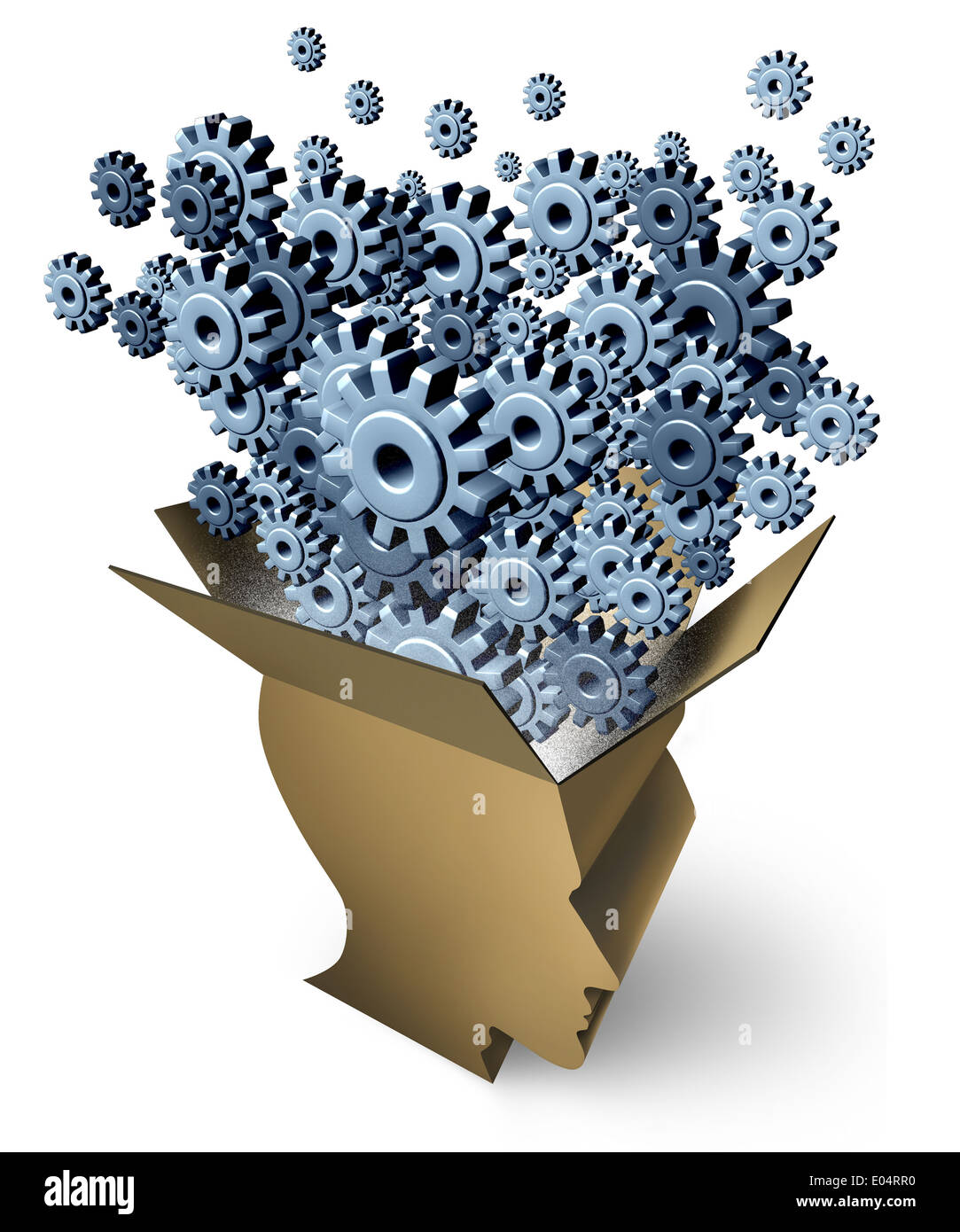 Gehirnfunktion und außerhalb der Box denken als eine Kartonverpackung in Form eines menschlichen Kopfes mit Getriebe und Zahnräder entwickelt sich aus einer Stockfoto