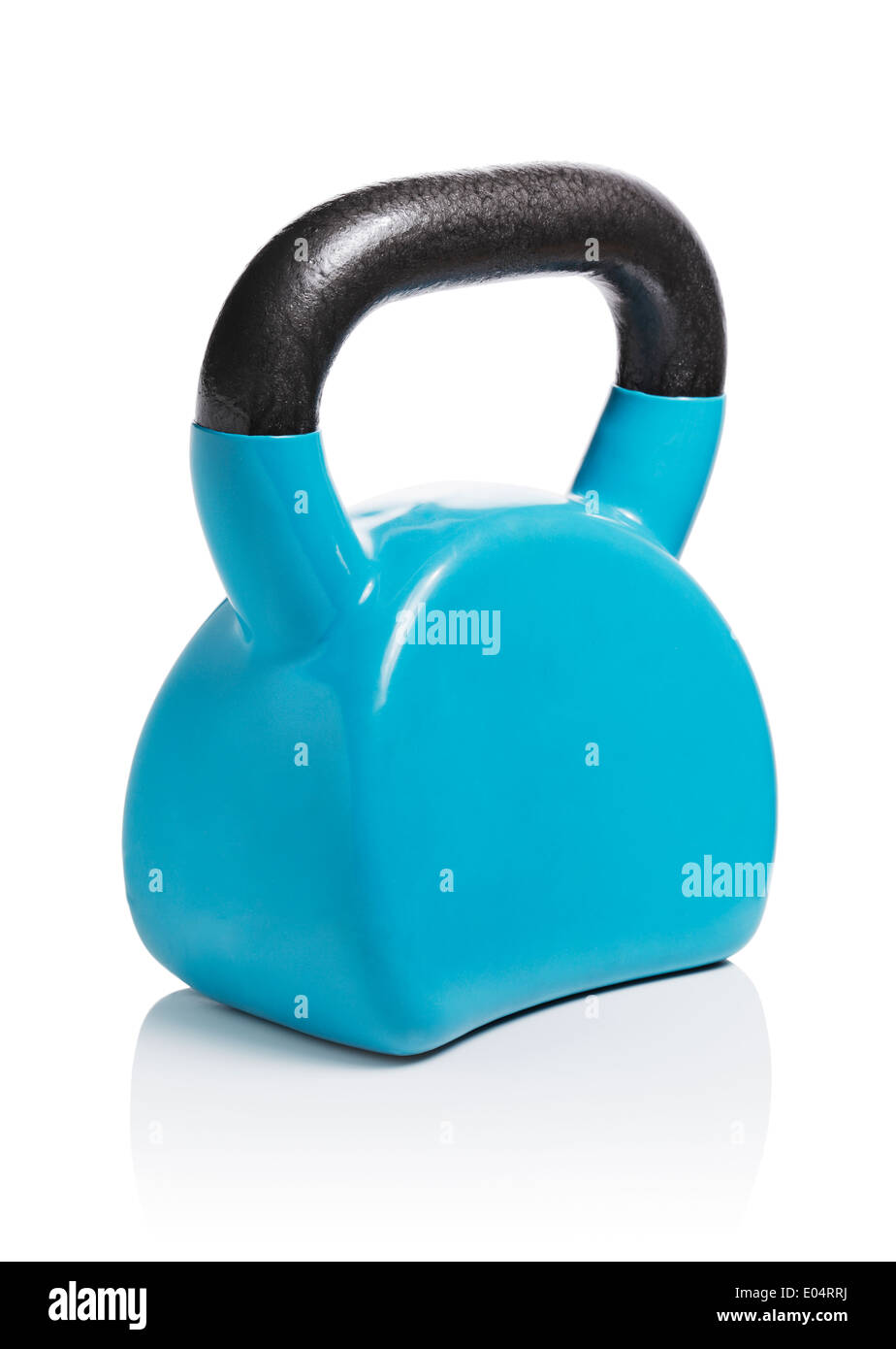 Moderne ergonomische Vinyl beschichteten Kettlebell isoliert auf weiss mit natürliche Reflexion. Stockfoto