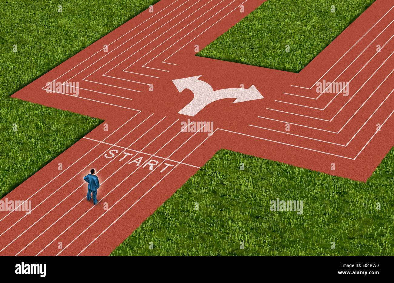 Geschäftsmann Kreuzung Konzept den richtigen Weg zu wählen, als ein Mann auf einem Leichtathletik Sport Track vor eine schwierige Wahl und Dilemma mit zwei verschiedenen Richtungen als Metapher für Entscheidung Krise. Stockfoto