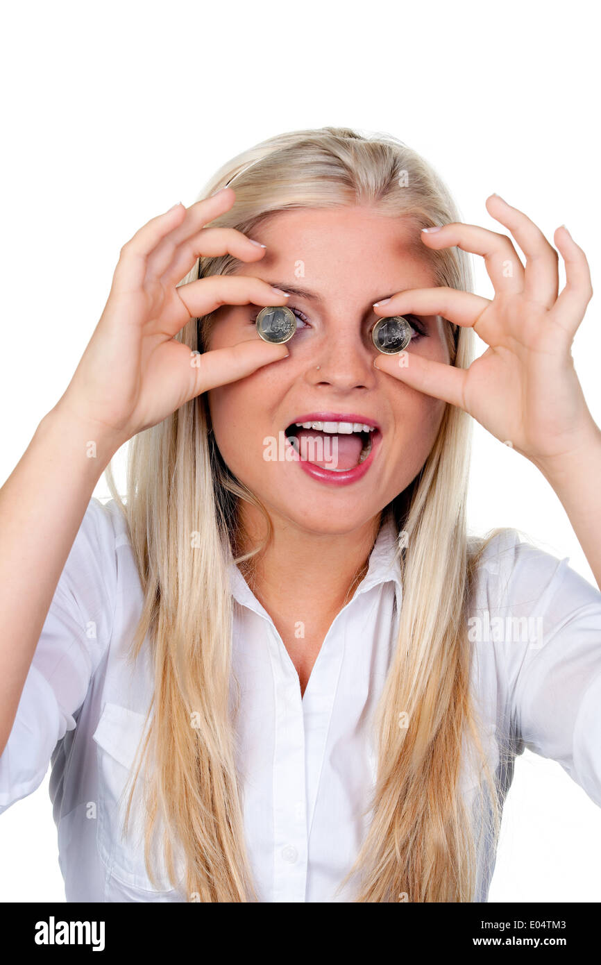 Junge Frau mit Euro Geld Münzen vor den Augen:, Junge Frau Mit Euro Geld Muenzen Vor Den Augen: Stockfoto