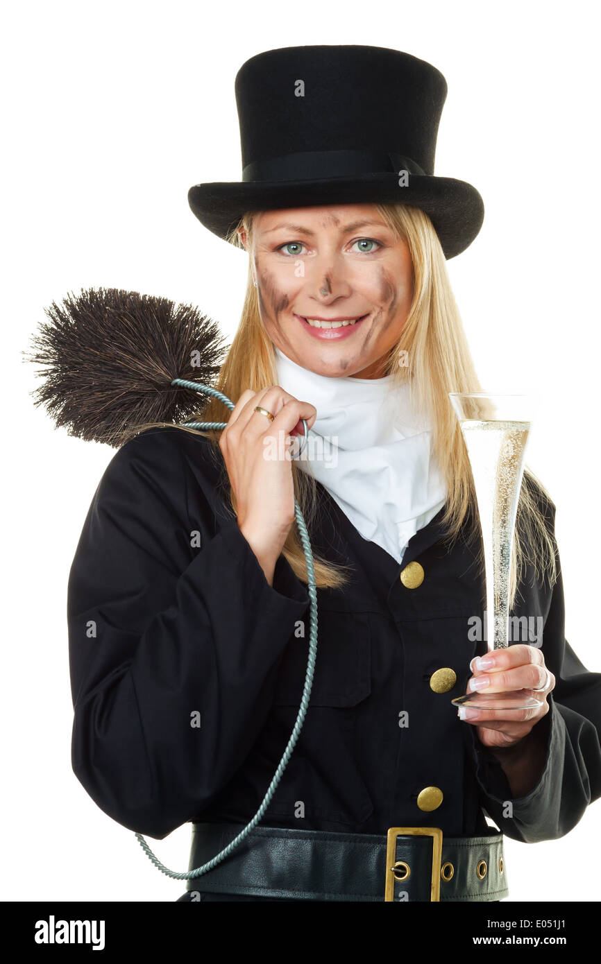Frau als ein Schornsteinfeger. Glück Glücksbringer zu Silvester und Drehen des Jahres, Frau als Schornsteinfeger. Gluecksbringer Zu Sil Stockfoto