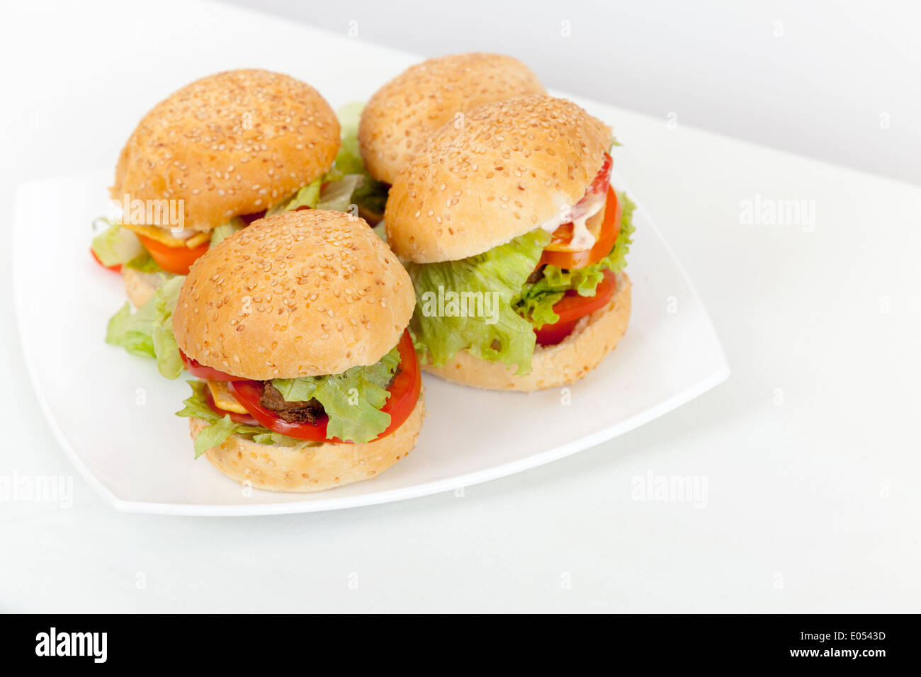 Hausgemachte Hamburger in weißen Schale legen. Studio Foto Stockfoto