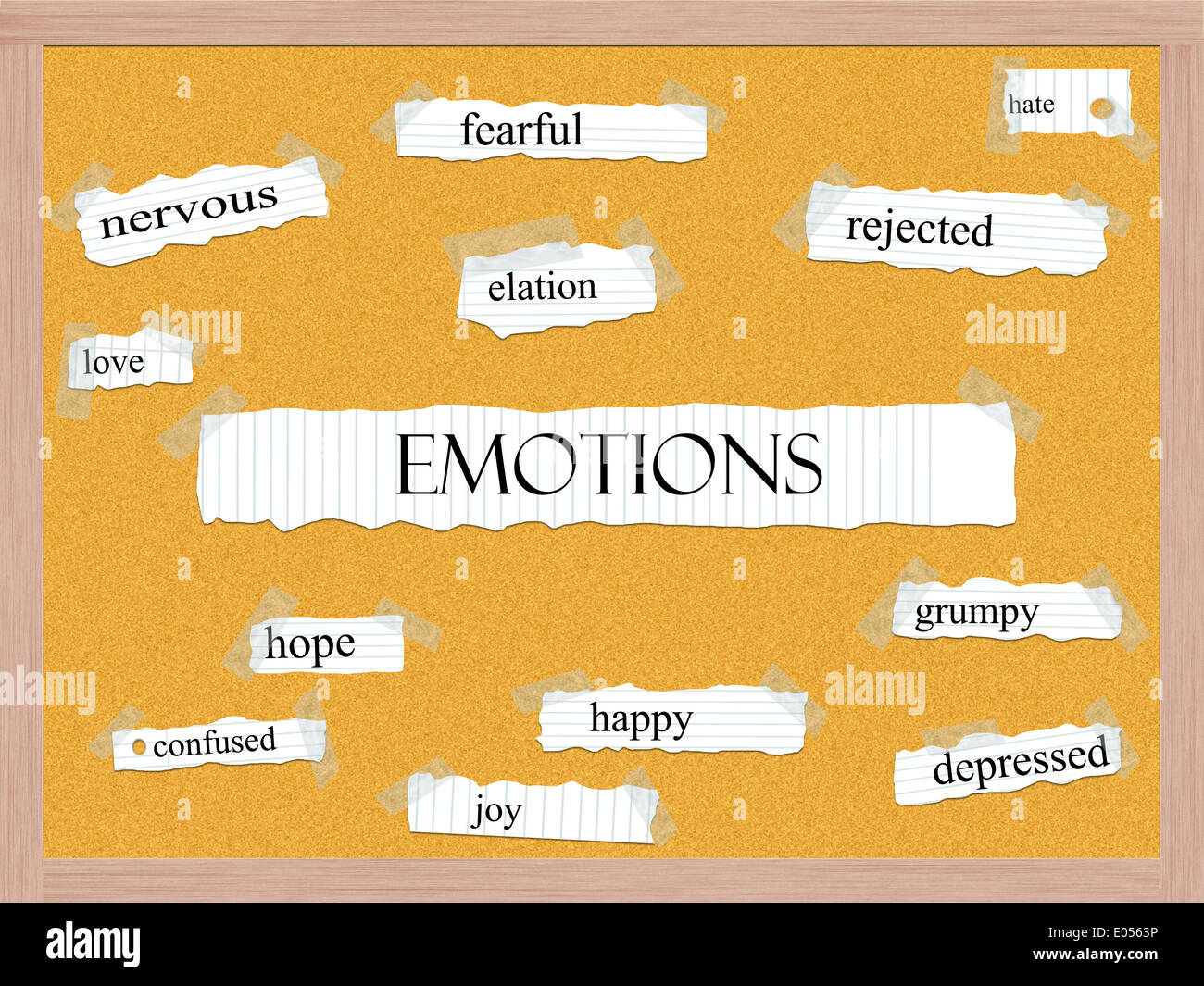 Emotionen Pinnwand Wort Konzept mit großen Begriffe wie Liebe, Hoffnung, glücklich und vieles mehr. Stockfoto
