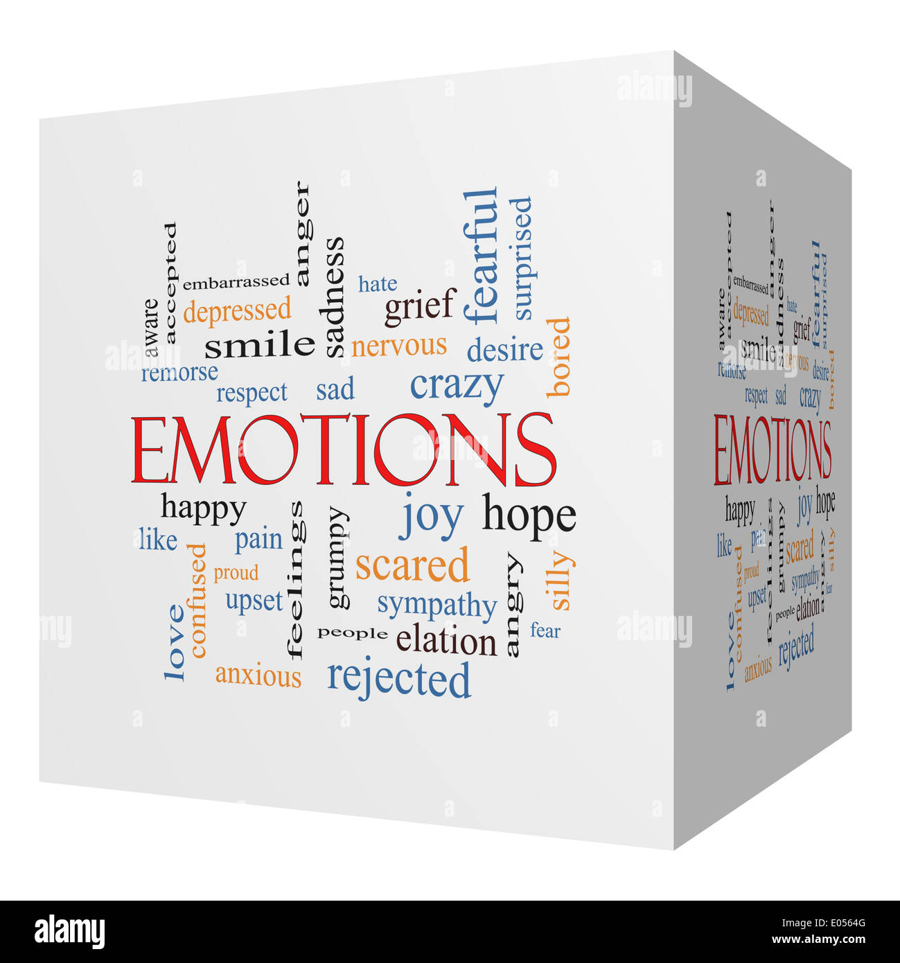 Emotionen 3D-Würfel Word Cloud-Konzept mit großen Begriffe wie traurig,  glücklich, Freude und vieles mehr Stockfotografie - Alamy