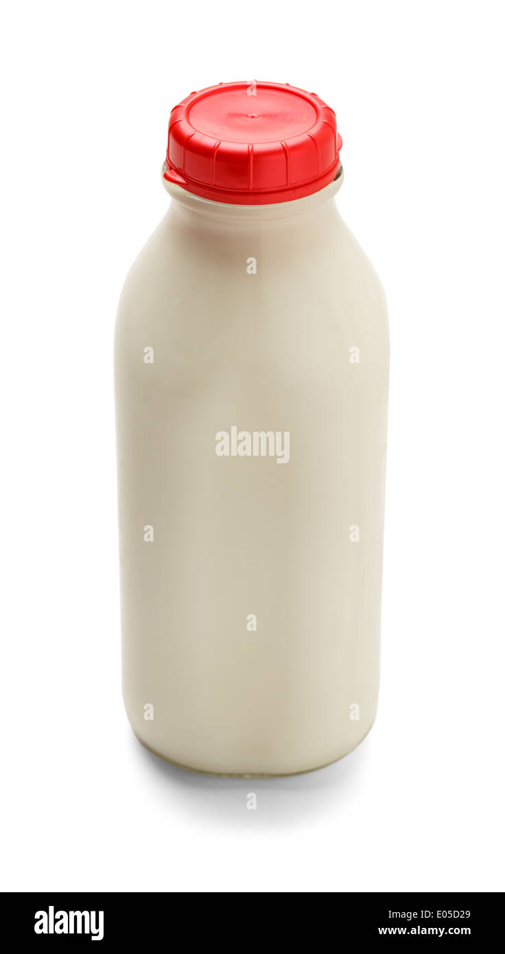 Glasflasche Milch mit roter Kappe isoliert auf einem weißen Hintergrund. Ansicht von oben. Stockfoto