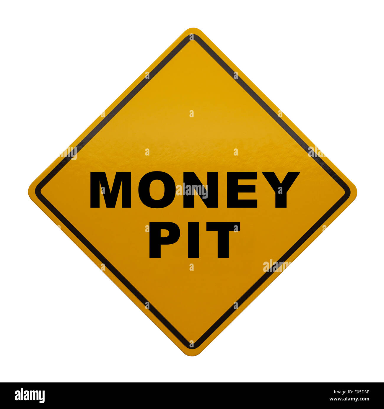 Gelbe Vorsicht Schild mit Money Pit es isoliert auf weißem Hintergrund. Stockfoto