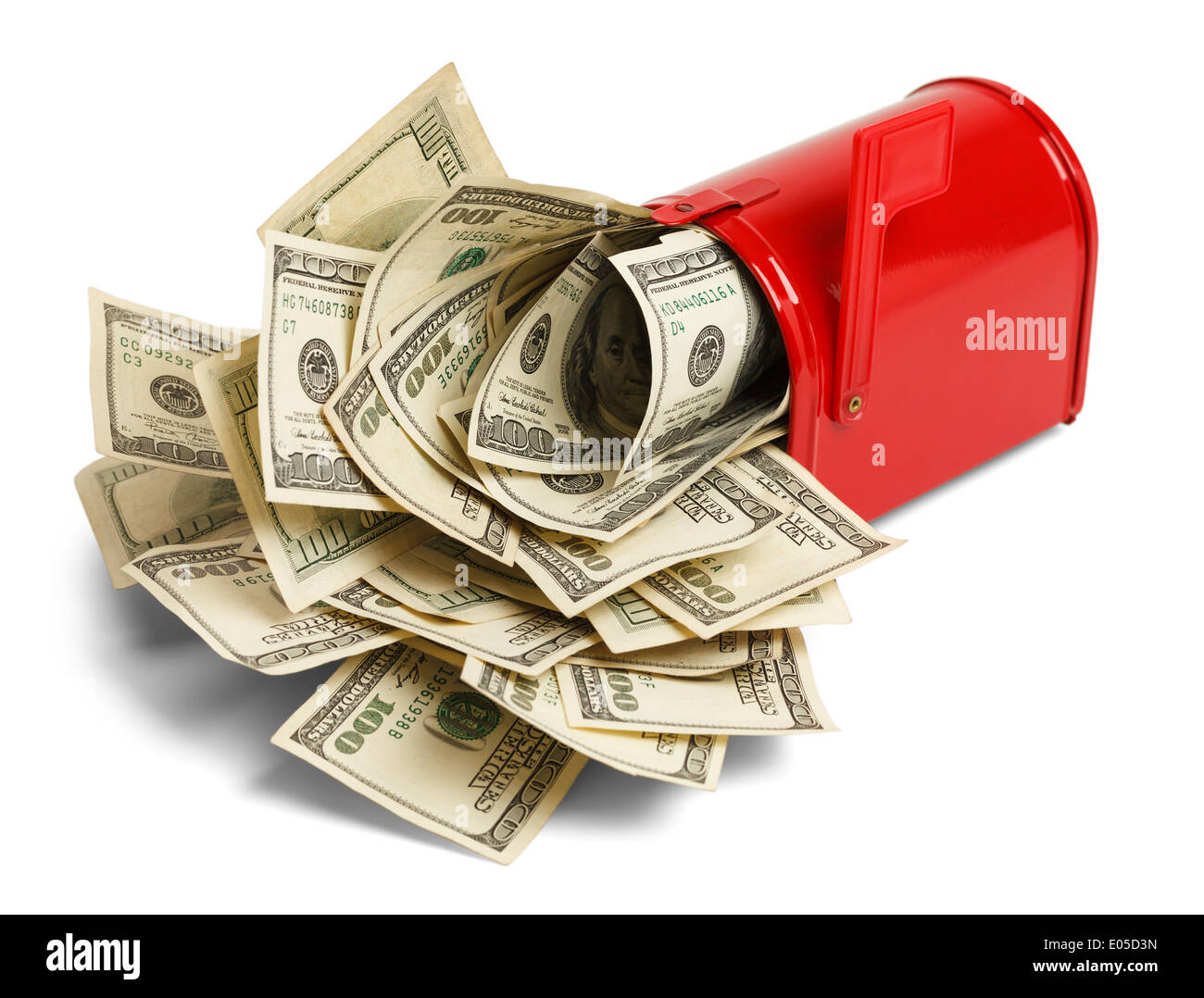 Roten Briefkasten mit Geld gefüllt innen, Isolated on White Background. Stockfoto