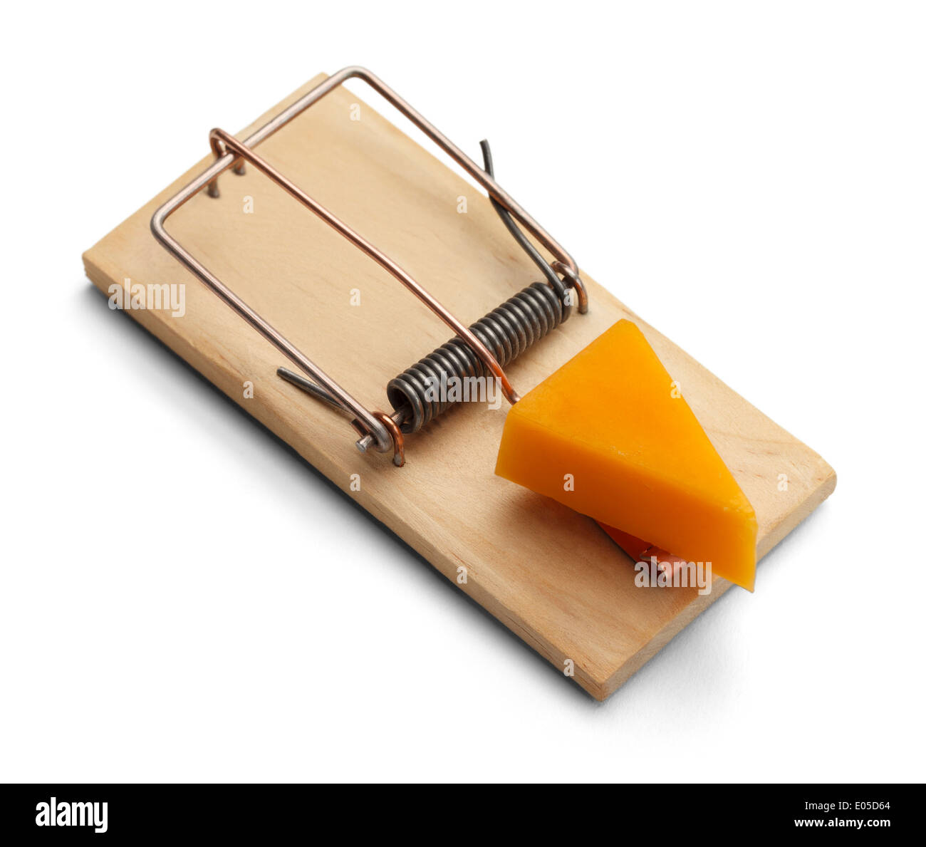 Mausefalle mit Cheddar-Käse, Isolated on White Background. Stockfoto