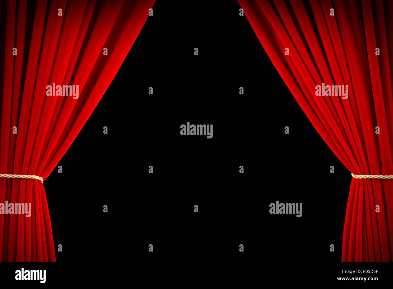 Offene rot Film Samtvorhänge mit schwarzem Bildschirm. Stockfoto