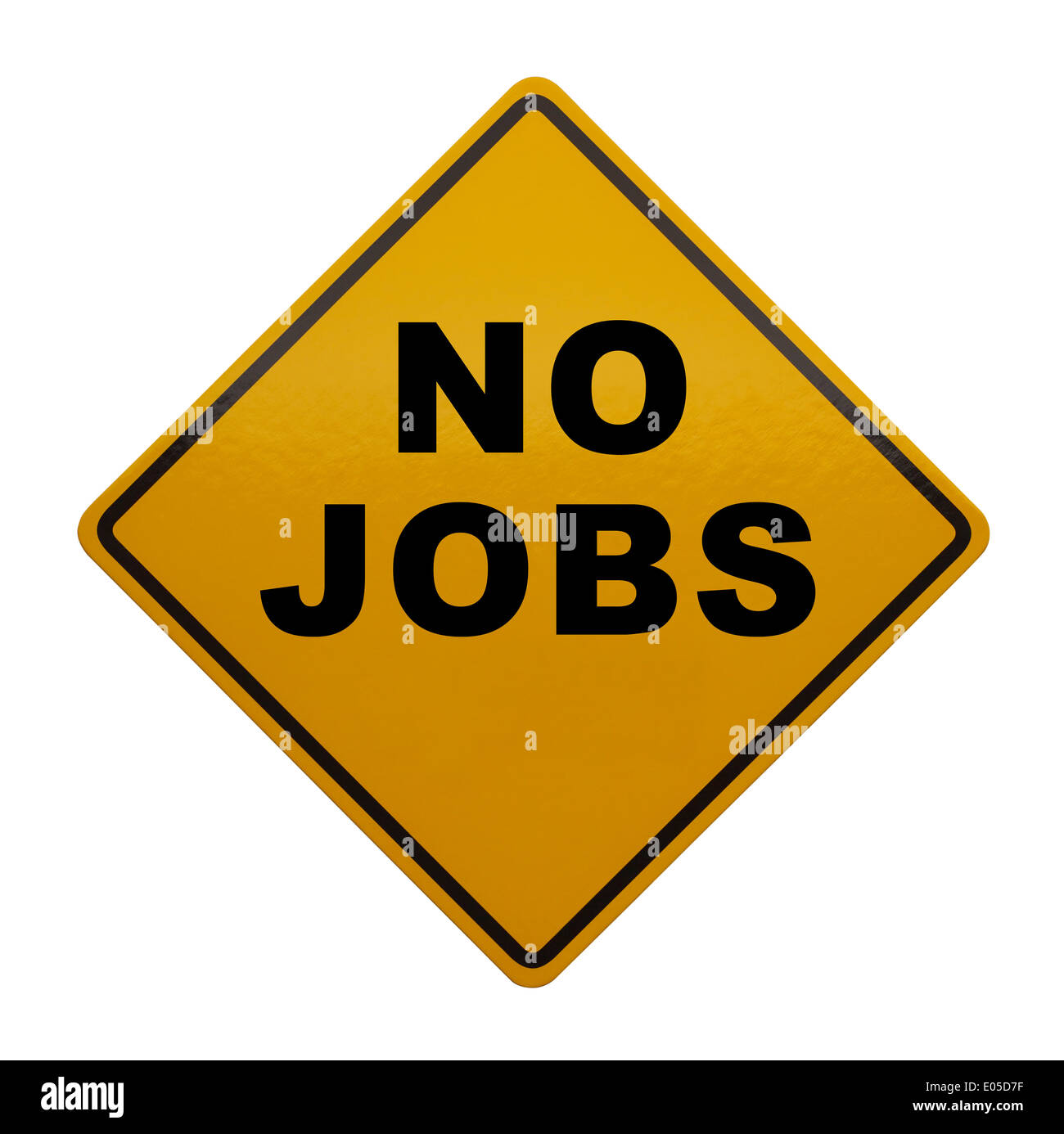 Gelbe Vorsicht Schild mit No Jobs darauf isoliert auf weißem Hintergrund. Stockfoto