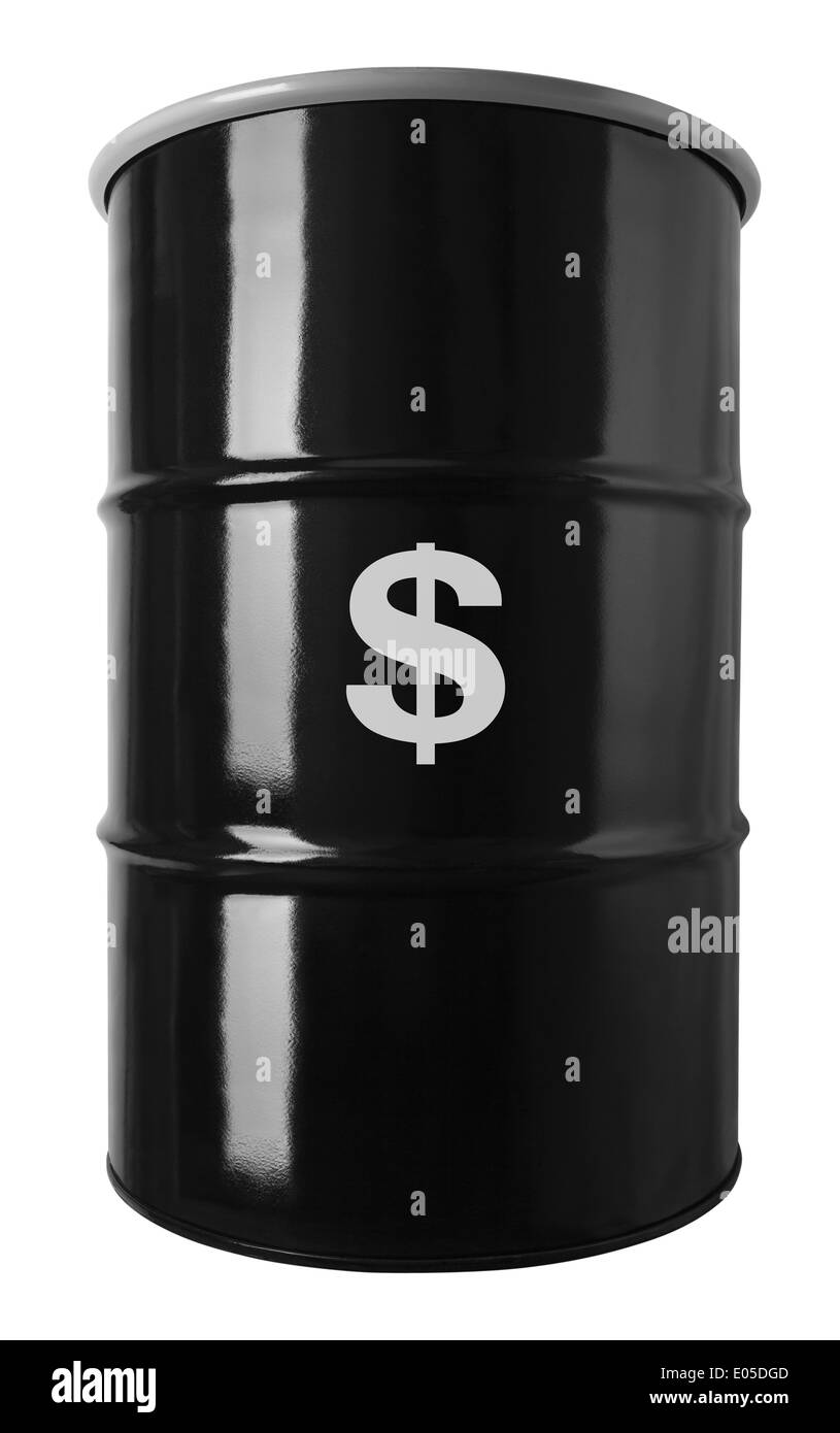 55 Gallone schwarz Ölfass mit Cash-Symbol, Isolated on White Background. Stockfoto