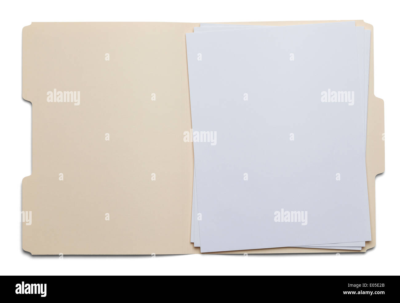 Dateiordner mit leeren weißen Papier, Isolated on White Background. Stockfoto