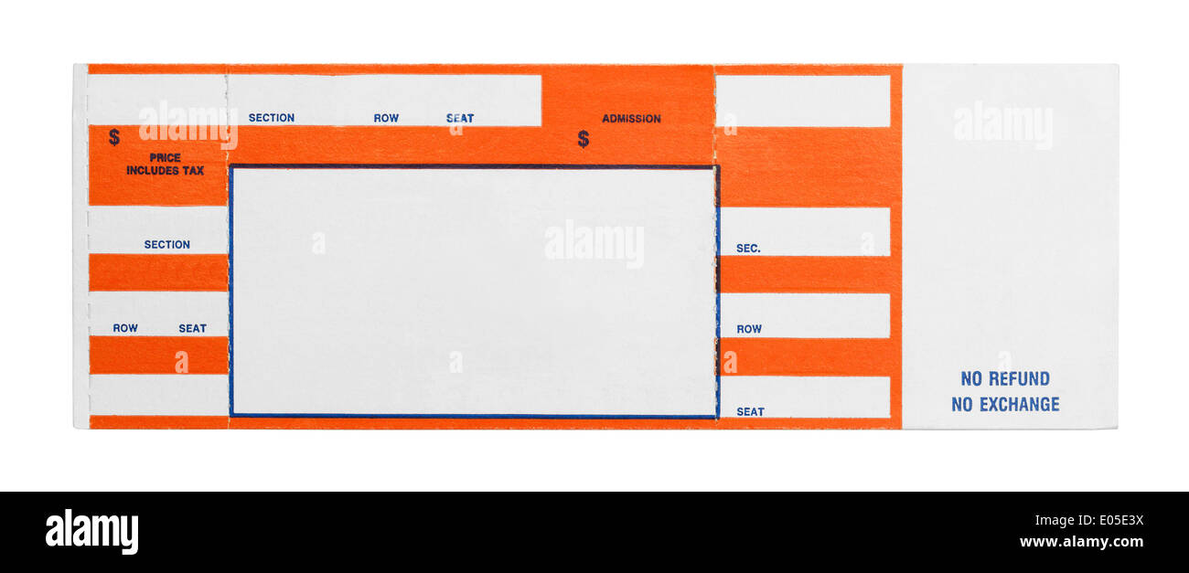 Leere Konzert Performance Ticket Orange isoliert auf weißem Grund mit Text und Leerzeichen. Stockfoto