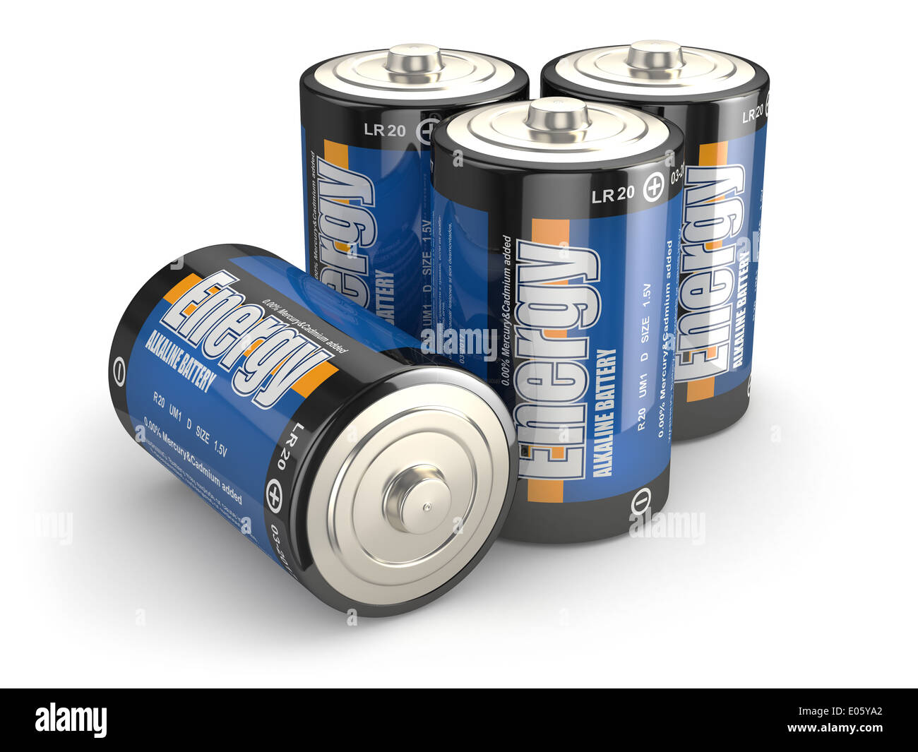Vier Batterien auf weißen Isloted Hintergrund. 3D Stockfoto