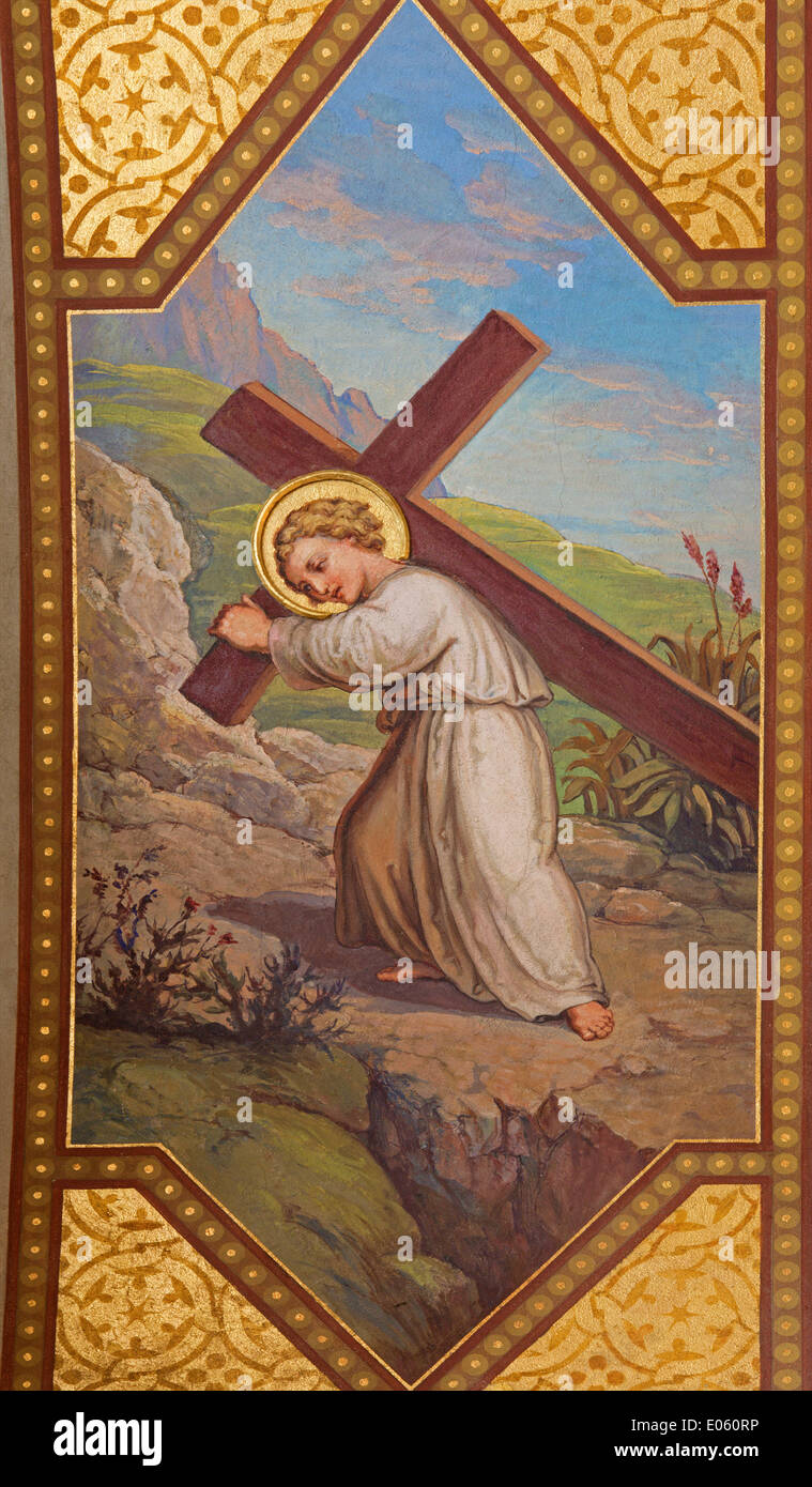 Wien - Fresko des symbolischen Szene des kleinen Jesus mit dem Kreuz von Josef Kastner 1906-1911 in Karmeliten-Kirche Stockfoto