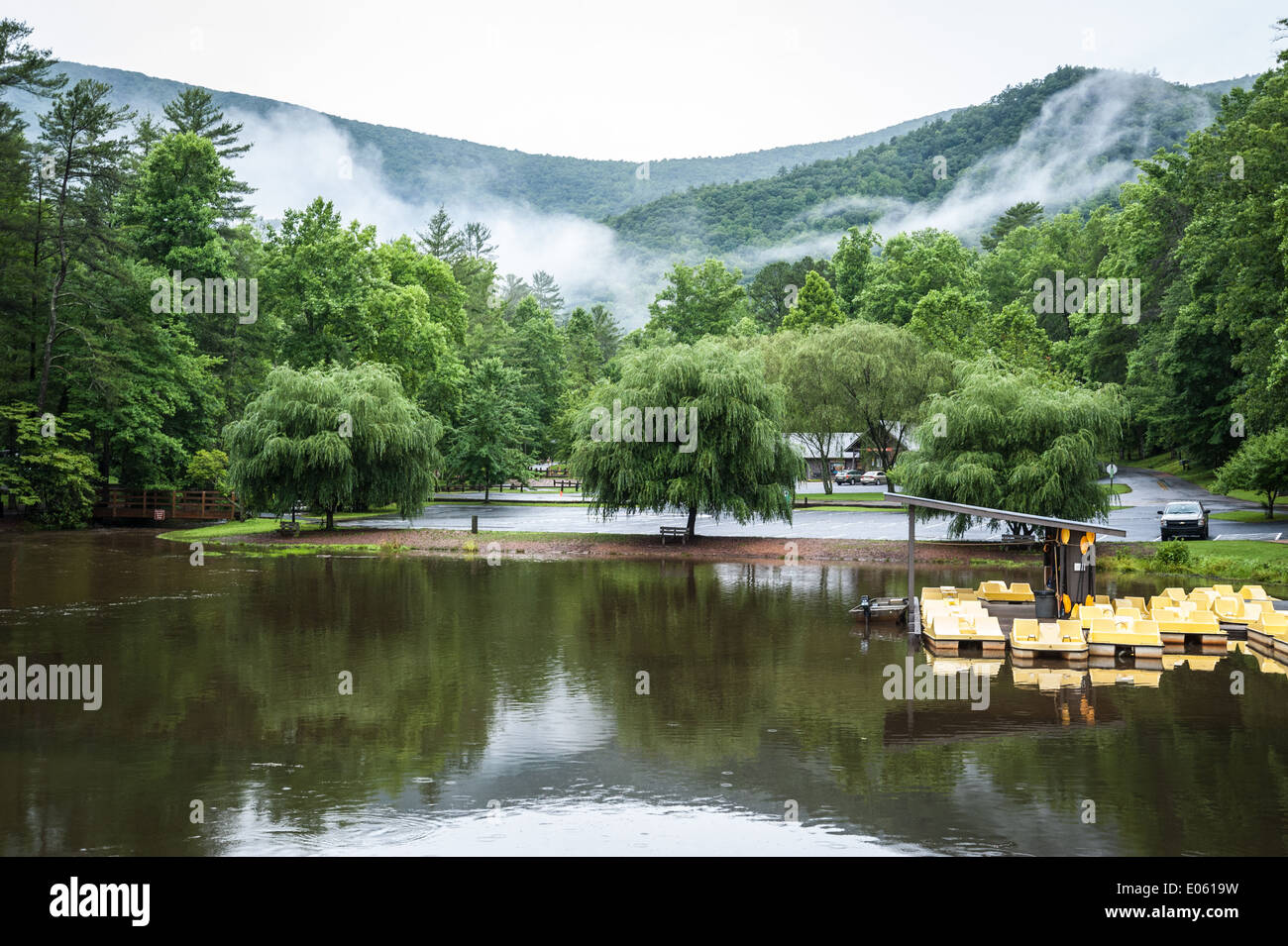 Ein trüber Nebel hängt im Hochtal in dieses ruhige Szene des Vogel State Park in der Nähe von Blairsville, Georgia, USA. Stockfoto