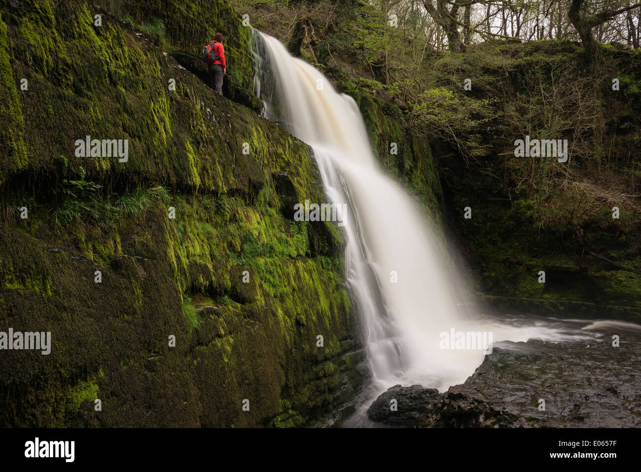 Person steht in der Nähe von Sgwd Clun Gwyn Wasserfall - Afon Mellte River, in der Nähe von Ystradfellte, Brecon Beacons Nationalpark, Wales Stockfoto