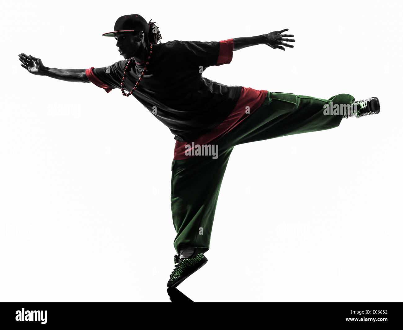 einen hip Hop akrobatische Pause Tänzer Breakdance Jüngling Silhouette weißen Hintergrund Stockfoto