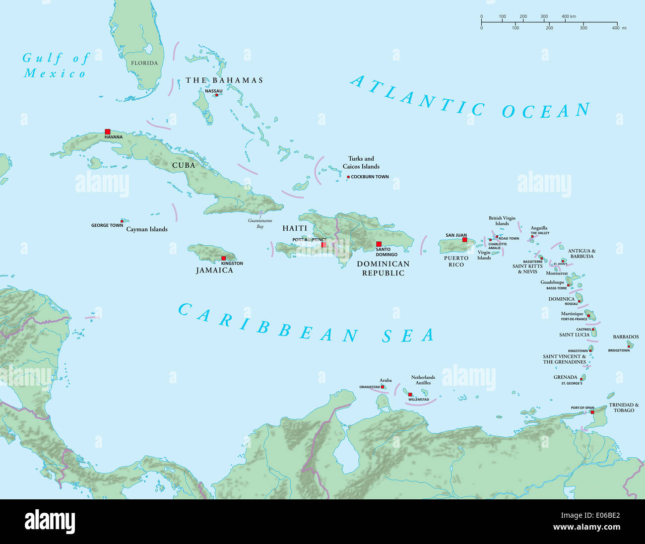 Karibik - großen und kleinen Antillen - politische Karte Stockfoto