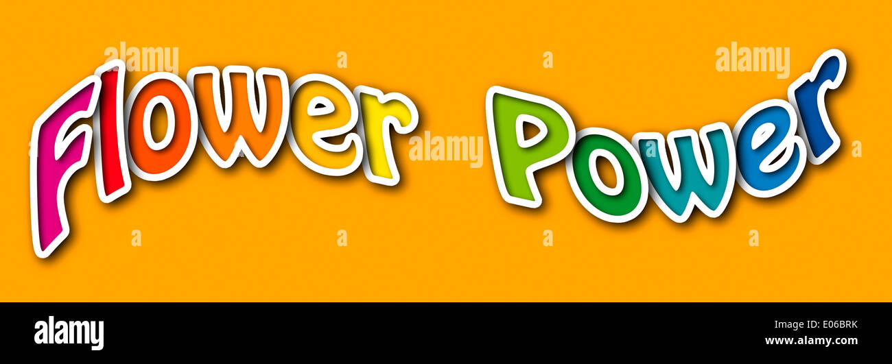 FLOWER POWER Schriftzug auf gelb-Orange Hintergrund Stockfoto
