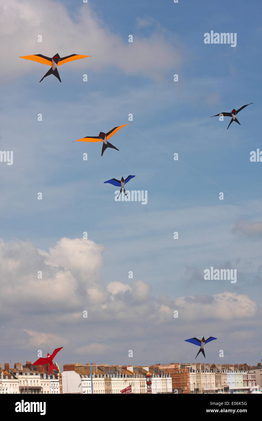 Weymouth, Dorset UK. 04.. Mai 2014. Besucher können beim Weymouth Kite Festival die Vielfalt der farbenfrohen Drachen am Himmel zu Musik tanzen sehen, die wie Vögel geformt sind, die am blauen Himmel fliegen. Kredit: Carolyn Jenkins/Alamy Live News Stockfoto