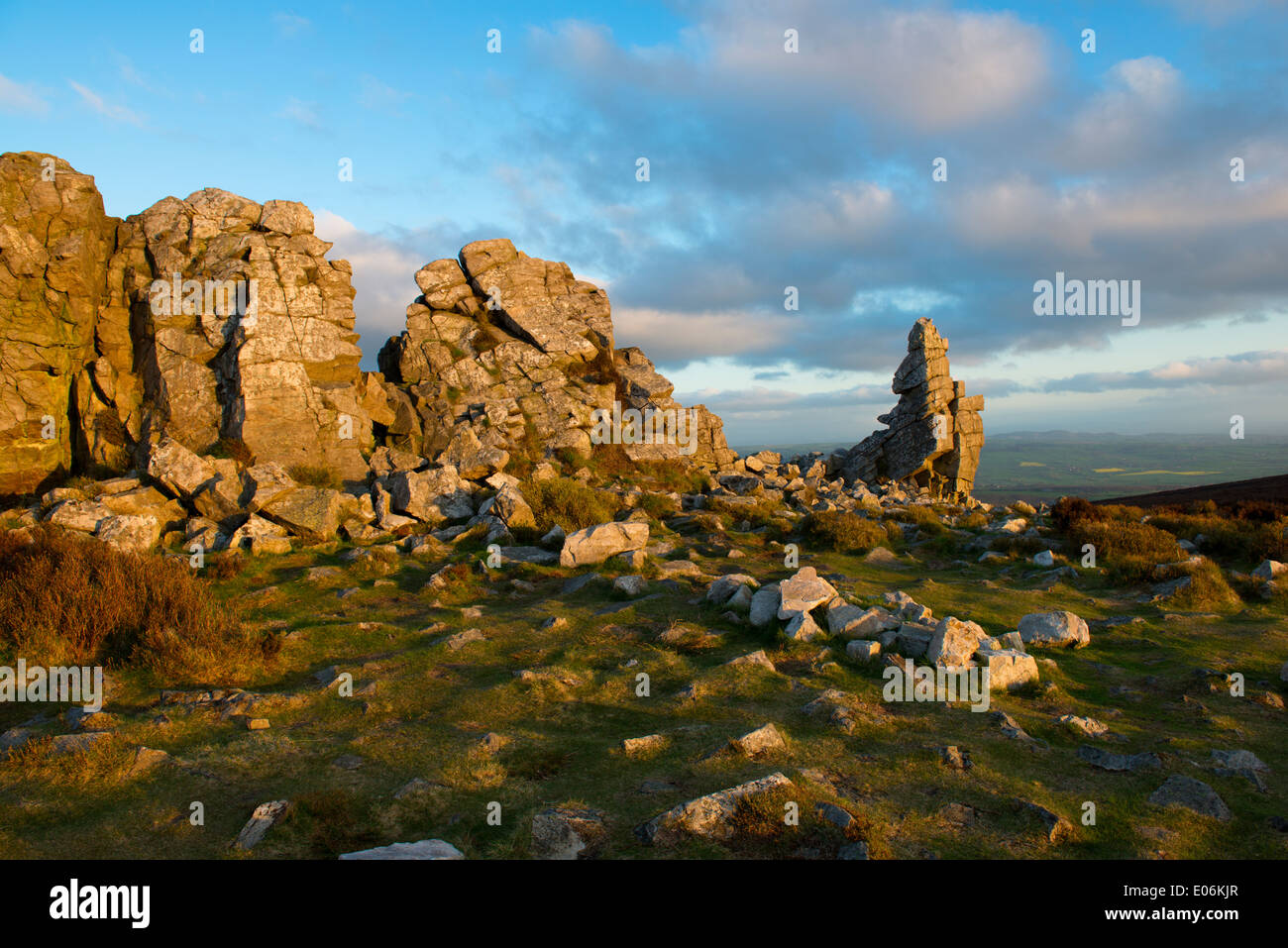 Licht des frühen Morgens auf Felsformationen auf Stiperstones, Shropshire, England Stockfoto