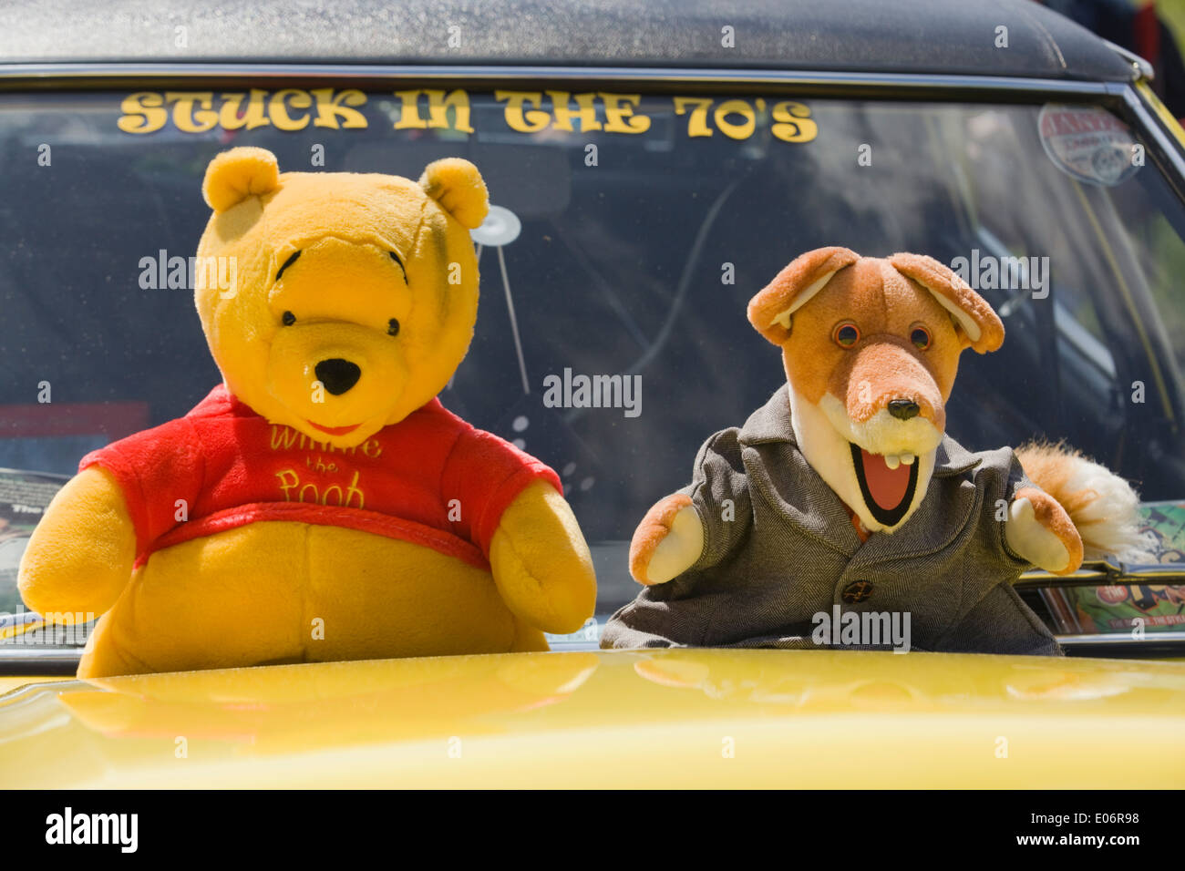 "Stecken in den 70er Jahren Basil Brush und Winnie The Pooh Stofftiere auf der Motorhaube von einem Ford Cortina Stockfoto