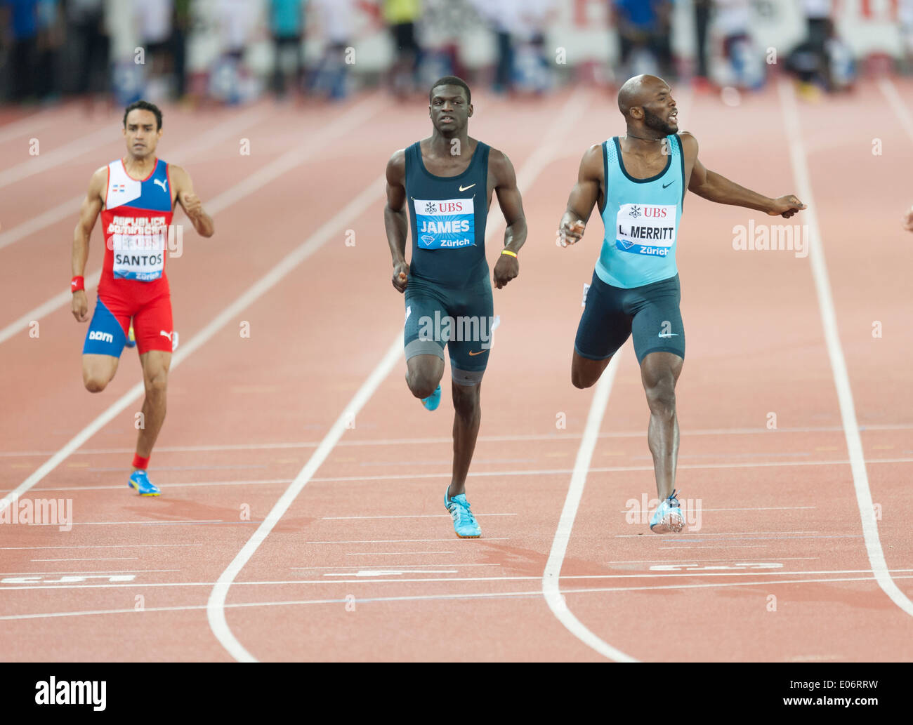 US-Athlet Lawshawn Merritt Niederlagen Kirani James (GRN) und Santos bei den Männern 400m von der IAAF Diamond League meeting in Zürich Stockfoto