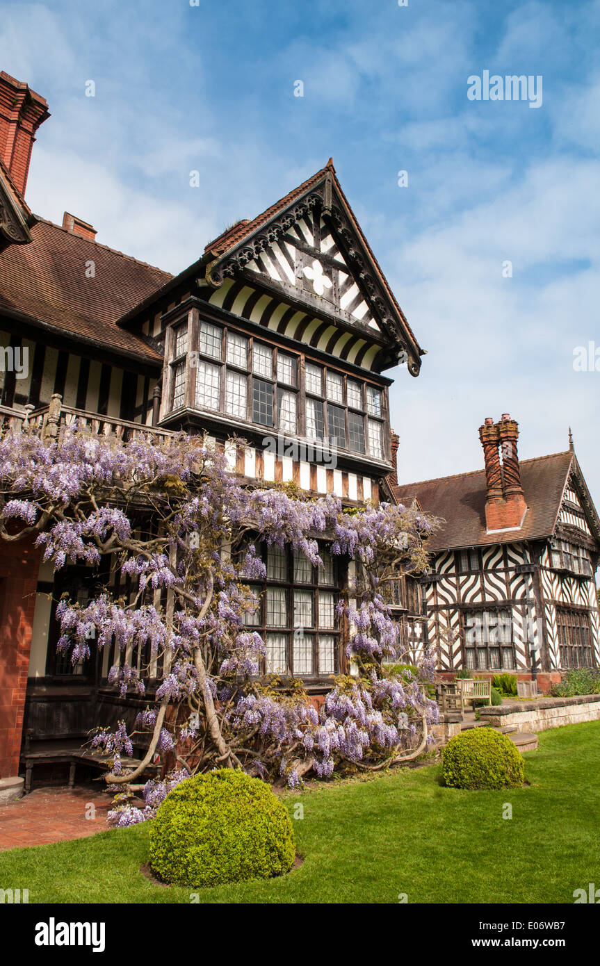 Ansicht des National Trust-prozentige Wightwick Manor, in Wolverhampton, mit blühenden Glyzinien abdecken des Westflügels Stockfoto